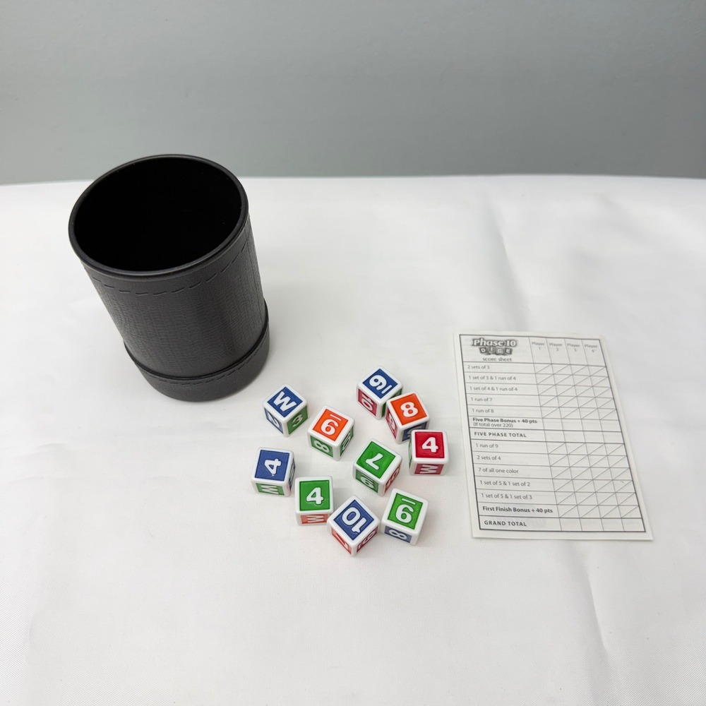 Phase 10 Dice Fundex Game 10 Dice 1 Score Sheet and Shaker Cup